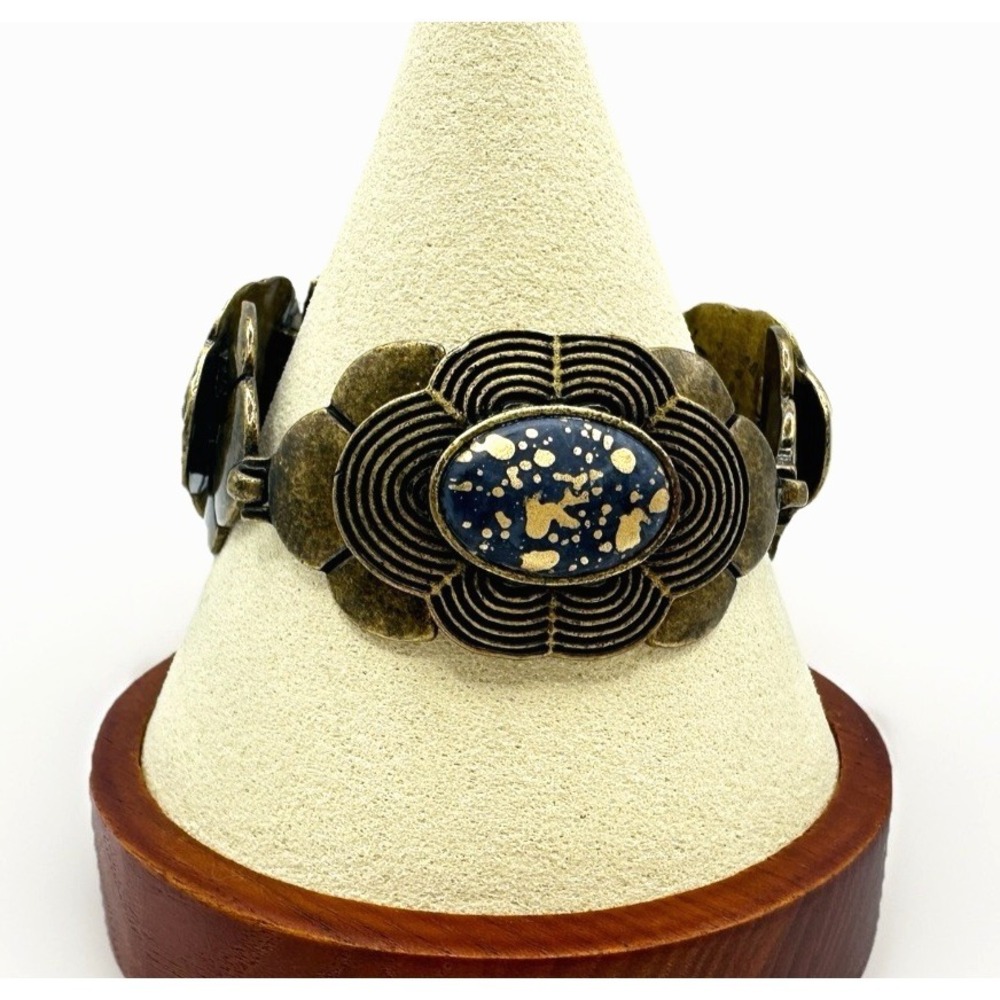 Vintage Artisan Brass Bracelet Articulated Panel Western Boho Modernist 6.5